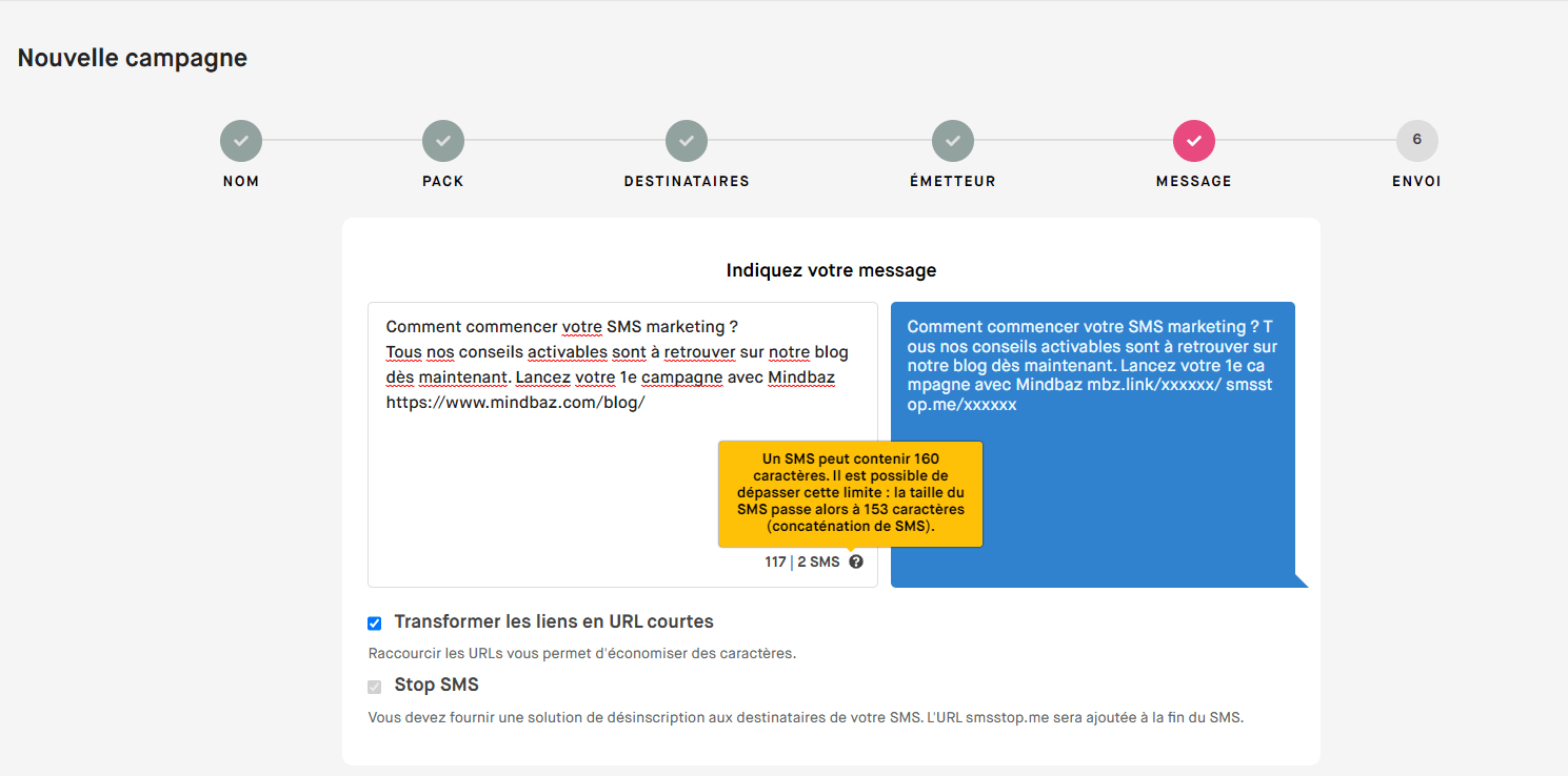 plateforme envoi de sms - redaction message mindbaz