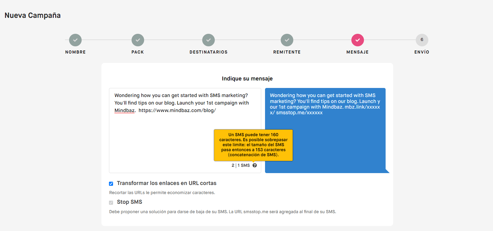 plataforma de envío de sms - redacción de mensajes mindbaz